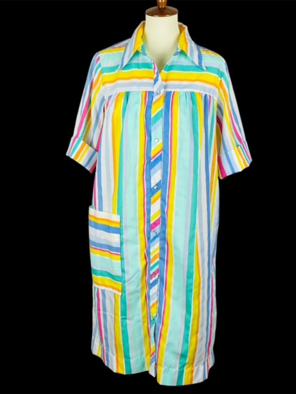 Vtg 80s Models Coat Pearl Snap Housedress Sz XL Striped Robe Duster Grandmacore